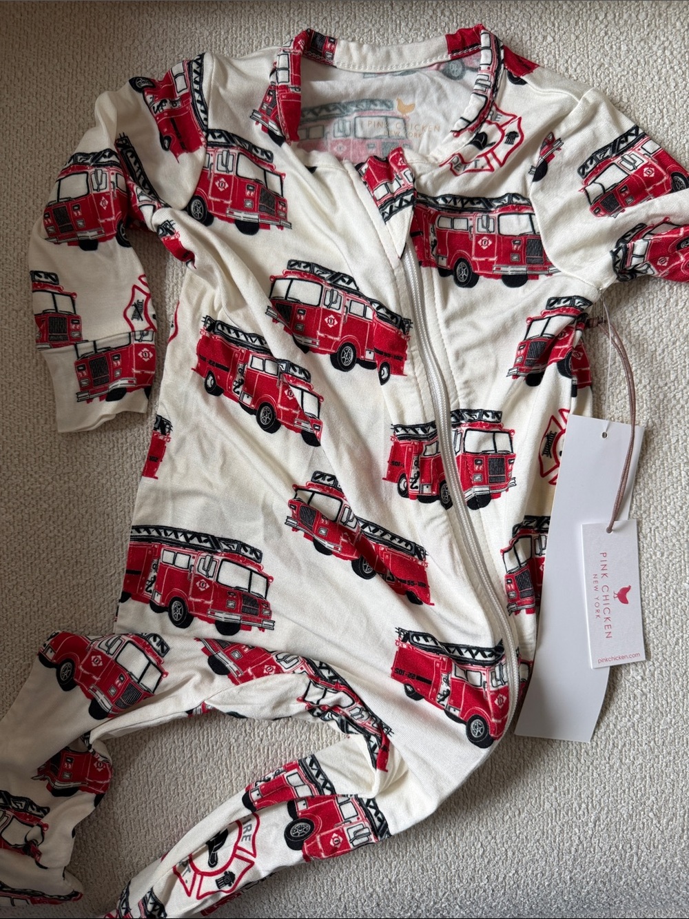 Pink Chicken Double Zip Bamboo Pajamas with Red Fire Truck Print